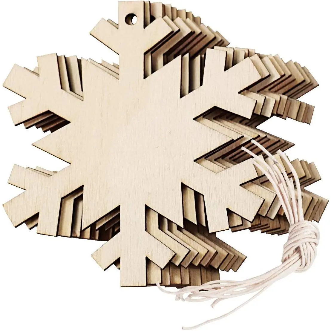 40 count Wooden Snowflake Cutouts Christmas  Snowflake Decorations with 40 count Twine Ropes for  Crafts Christmas Ornaments (Wooden)