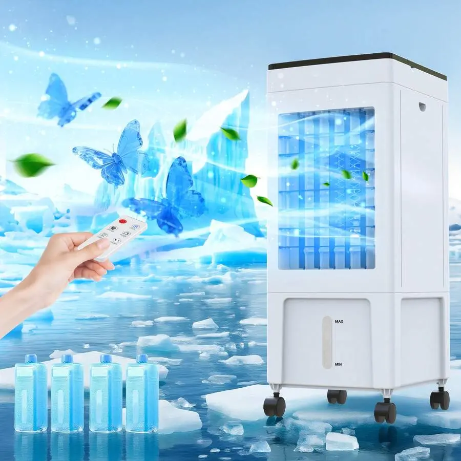 Evaporative Air Cooler, 3-IN-1 Portable Windowless Air Conditioner, Swamp Cooler With 2.1 Gal Water Tank,, 3 Speed, 4 Ice Packs, Cooling Room Home Office Indoor Use