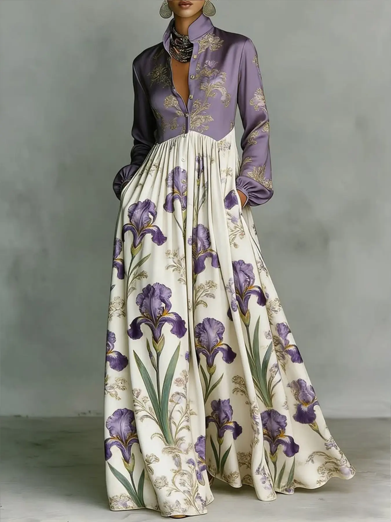 Plus Size Women's Floral Printed Lapel Long Sleeve Elegant Maxi Formal Dress, Perfect for Evening Events, Stylish Outerwear for Special Occasions, Elegance