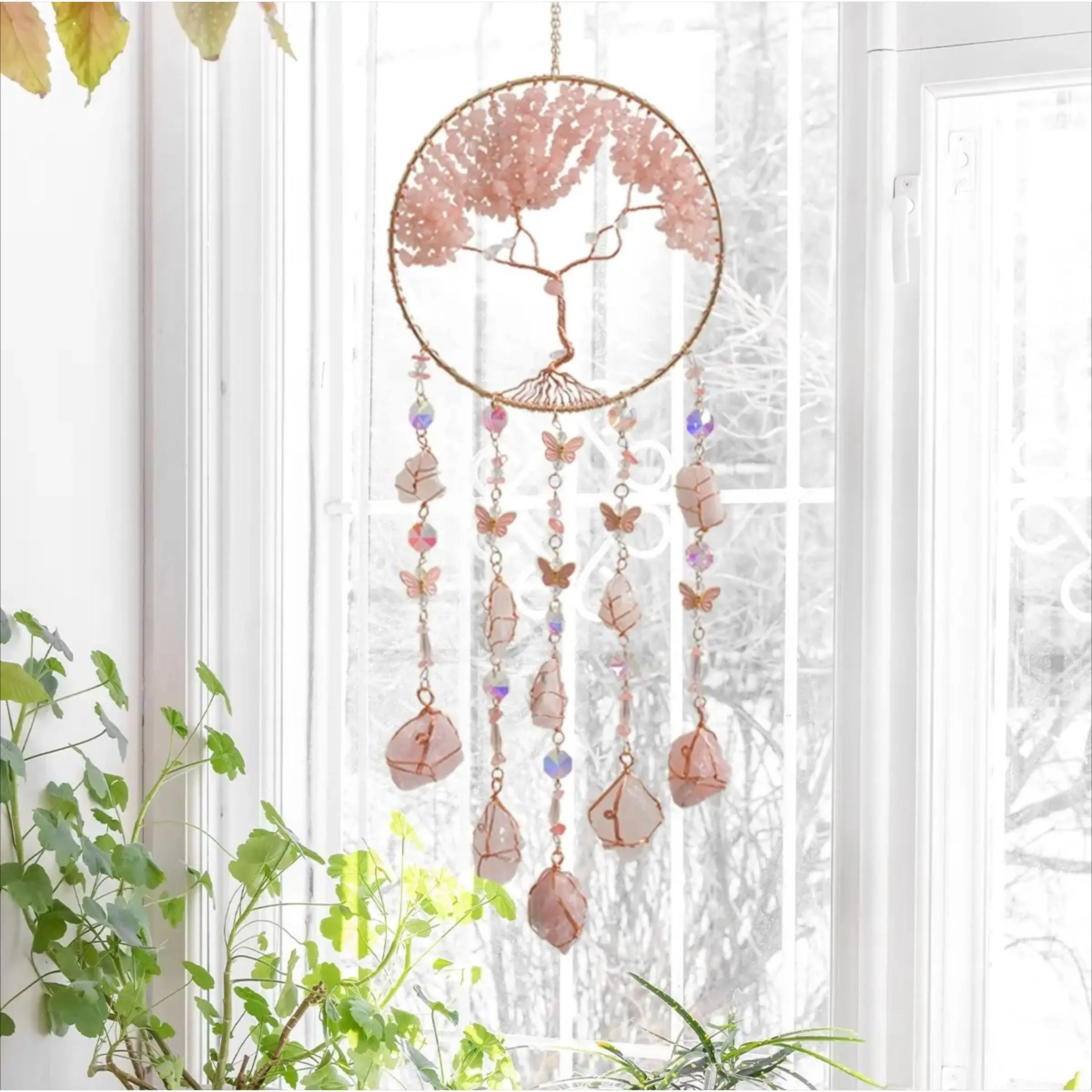 Boho Tree of Life Hangable Dream Catcher Sun Catcher Wall Hanging - Natural Stone, Butterfly Crystal Pendant, Creative Home Decor, Bedroom Decor, Room Art, Decoration Items Elegant Gift Ornament