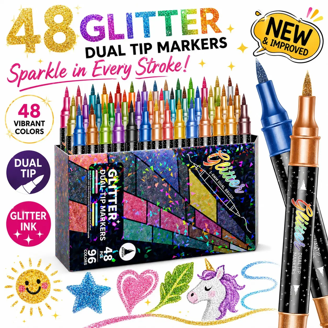 48/72/96 Color Dual-Ended Glitter Markers Set, Art Supplies, Fine & Brush Tips, Perfect for Coloring Books, Art, Crafts, Gifts, Back-To-School, Christmas