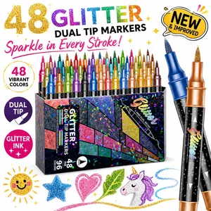48/72/96 Color Dual-Ended Glitter Markers Set, Fine & Brush Tips, Perfect for Coloring Books, Art, Crafts, Gifts, Back-To-School, Christmas