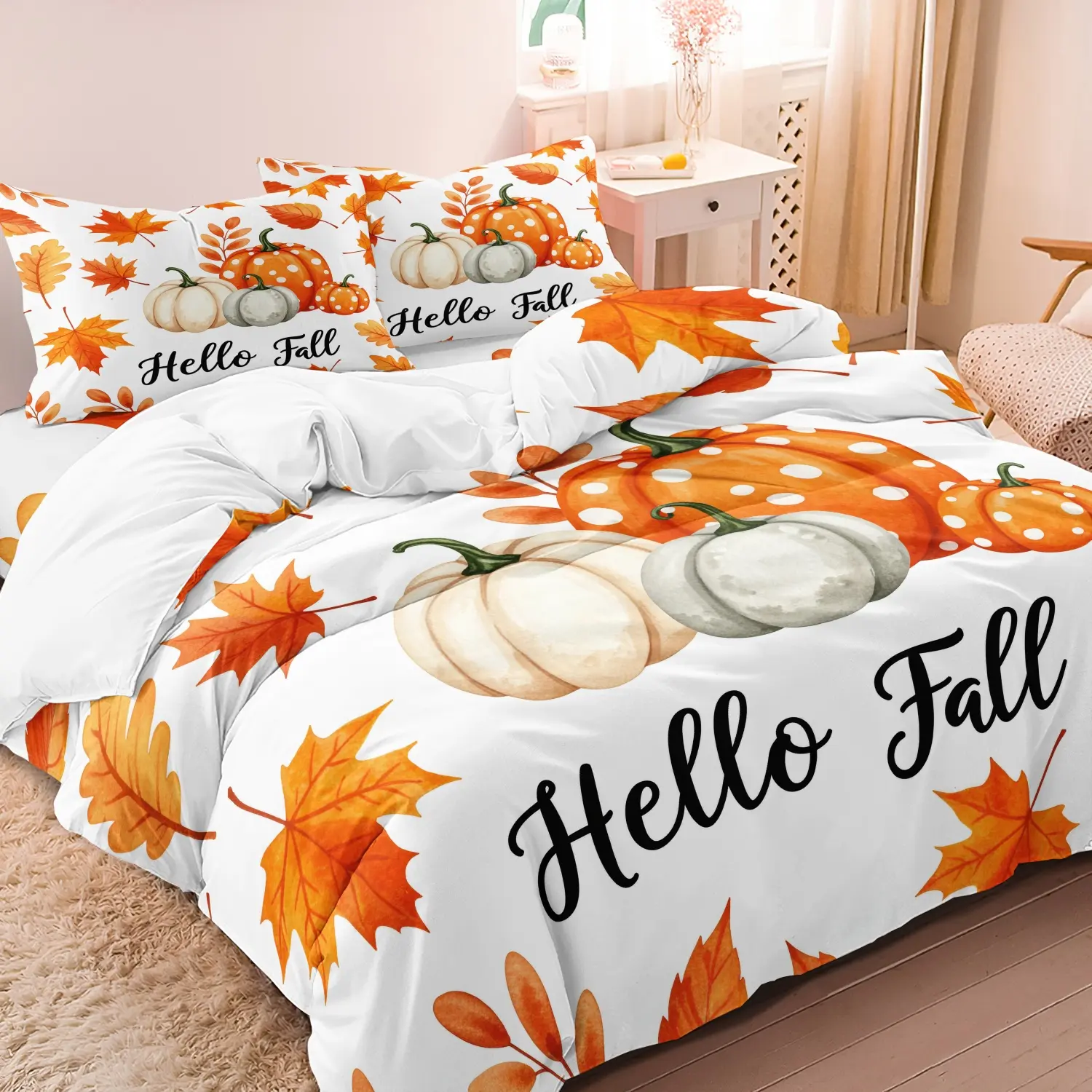 3 Pieces Hello Maple Leaf Pumpkin Print Duvet Cover Set, Decorative Duvet Cover, Watercolor Autumn Leaf Pumpkin Harvest Print Bedding, Microfiber Farmhouse Bedroom Decor (1 Duvet Cover + 2 Pillowcases, No Comforter No Pillow)