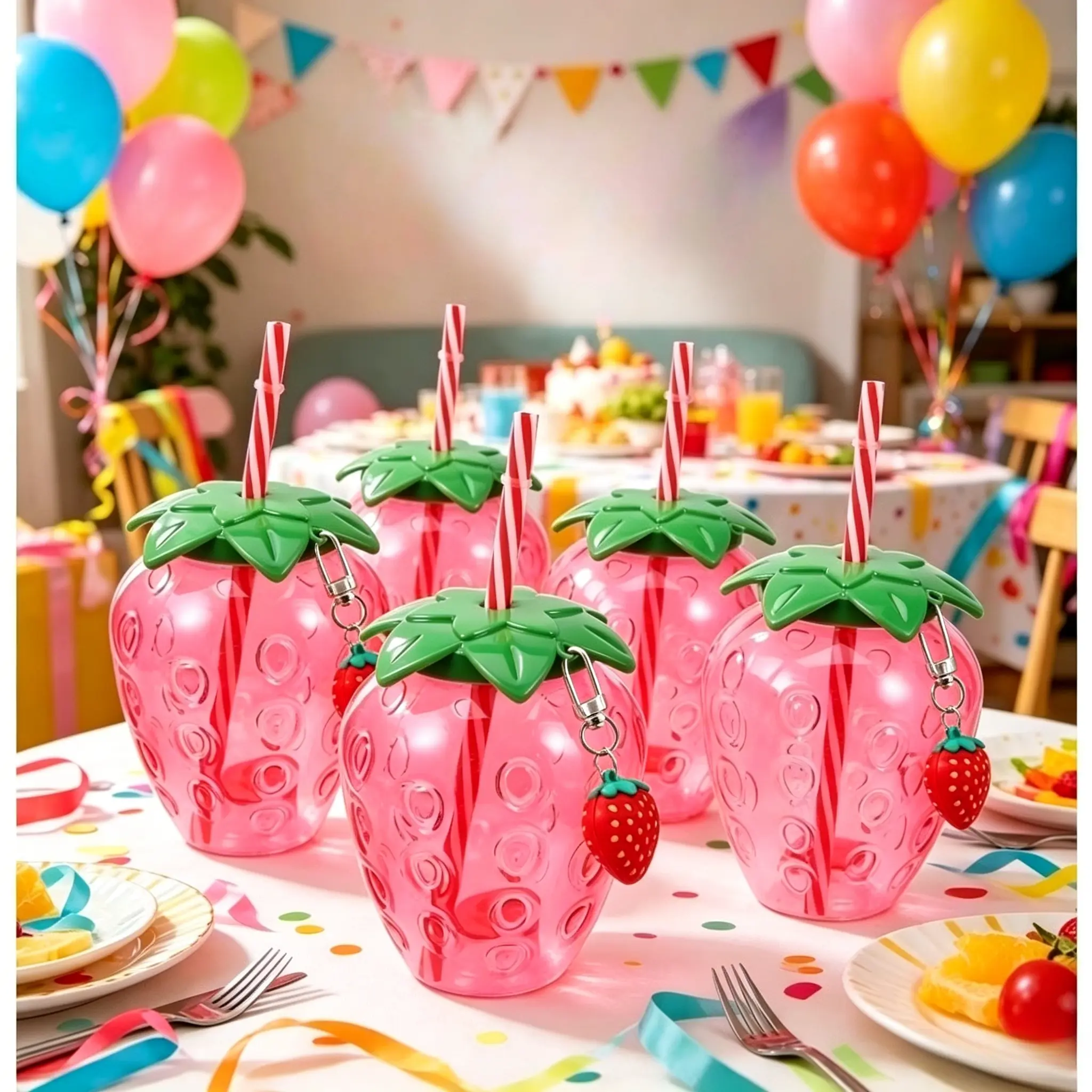 5-Pack cute strawberry shaped cup with strawberry pendant, thermal insulation cup with straw cover, plastic cold drink cup, suitable for home office, bar, beach, swimming pool
