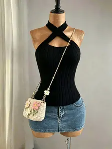 Cross Neck Hollow Out Knit Tank Top for Women, Slim Fit Short Sleeve Backless Vest, Pure Desire Style, Summer Fashion