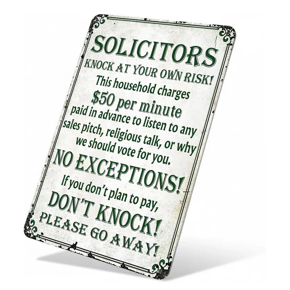 "Solicitors Knock At Your Own Risk Don't Knock Please Go Away" No Solicig Warning Metal Sign, Practical Front-Door Humor Wall Art & Decor for front door, porch, entryway, 8x12 Inch Aluminum, Distressed Retro Style, home decor wall art,art decor,novelty