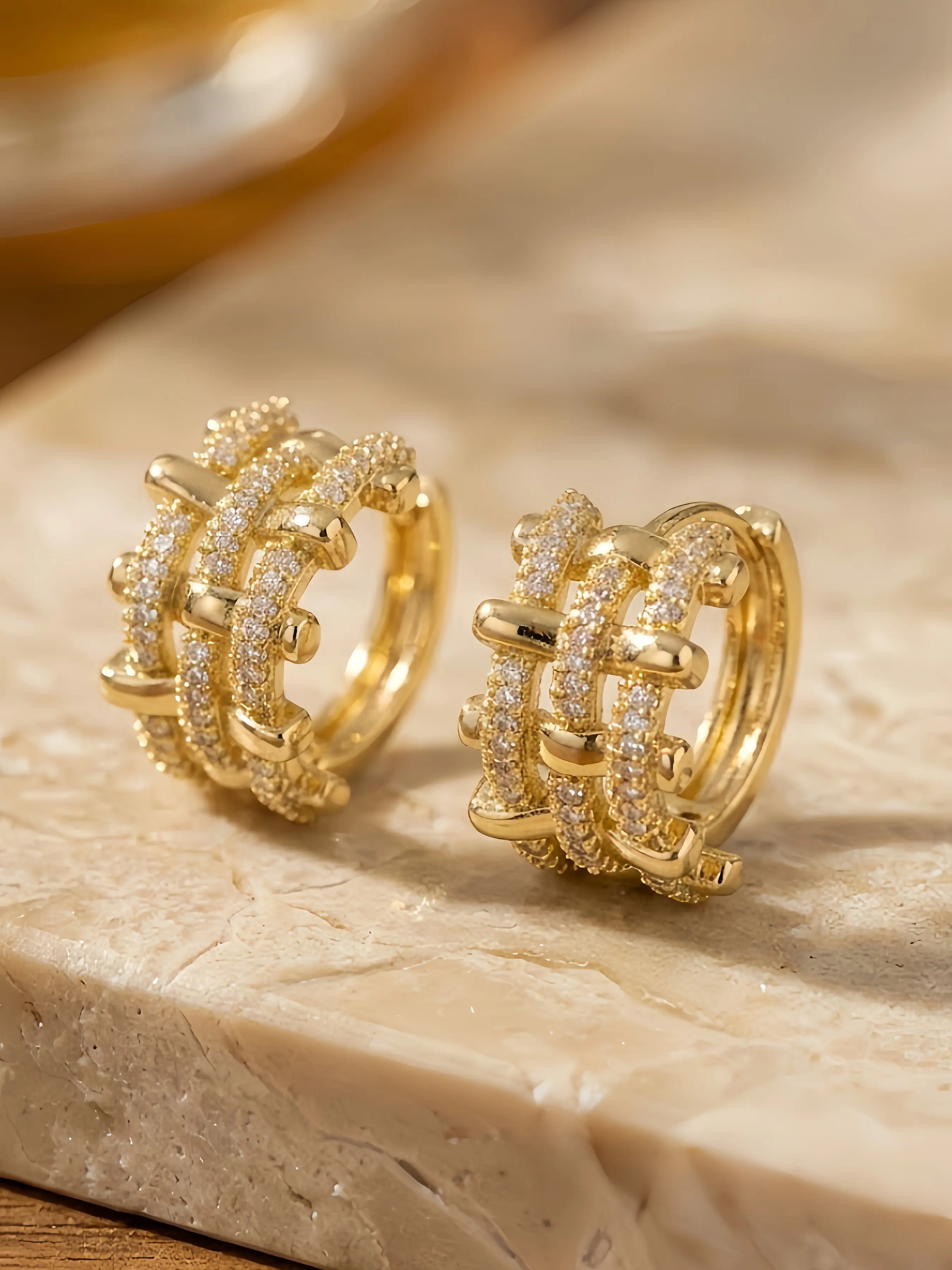 Sparkling zircon woven hoop earrings with easy clasp, gold-plated textured checkered hollow earrings, chunky and bold women's statement earrings