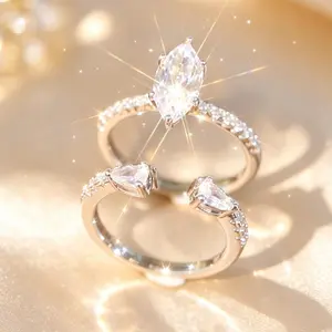 2-Piece Fashionable Marquise  Couple Ring Set Simple Elegant Style Stackable Promise Rings for Couples Daily Wear Love Token Gift