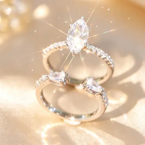 2-Piece Fashionable Marquise  Couple Ring Set Simple Elegant Style Stackable Promise Rings for Couples Daily Wear Love Token Gift