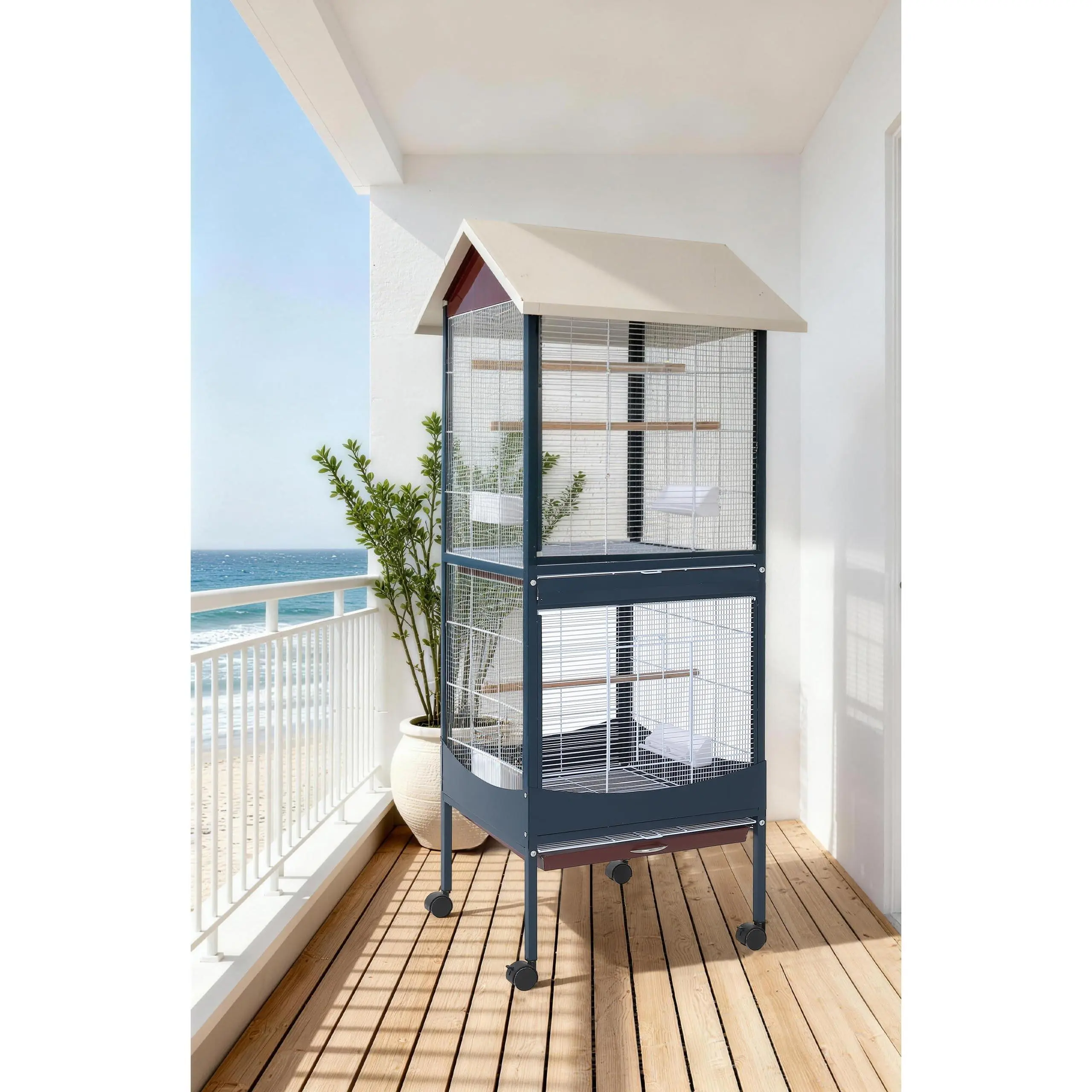 66" Large Bird Cage with Waterproof Roof & Lockable Casters – Easy-Clean Removable Tray – for Conures, Cockatiels, Lovebirds & Parakeets