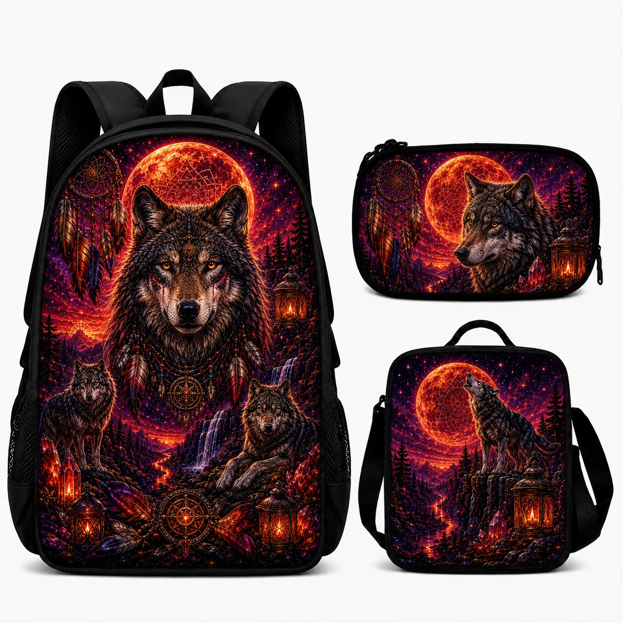 Wolf Pack Wildlife 3 Piece Backpack Set, with Lunch Bag and Pencil Case, Adjustable Straps, Top Handle and Side Pockets, Wolf Wilderness Animal Graphic Design for Students and Teens, School and Travel