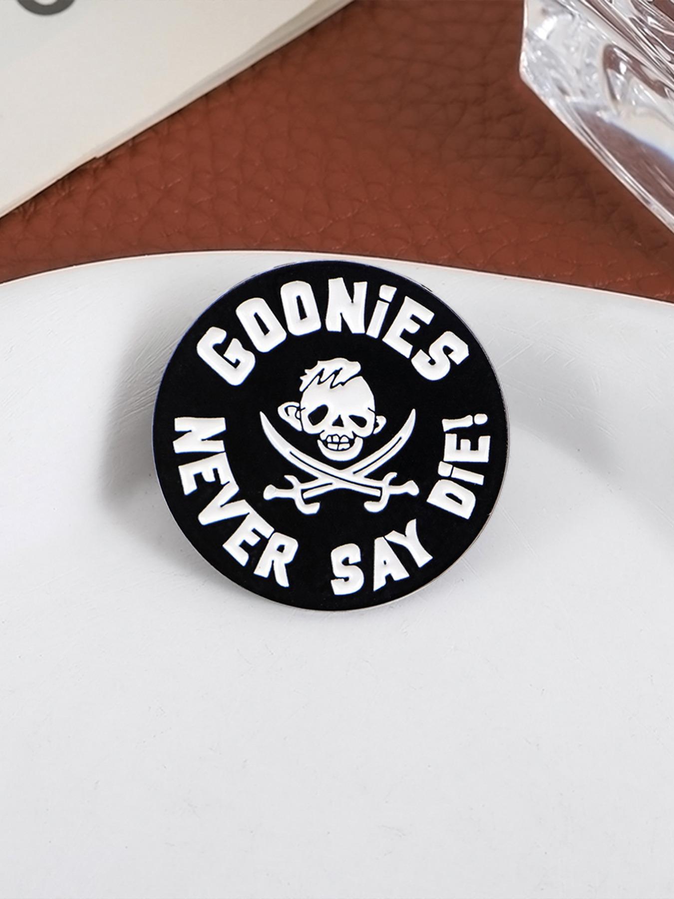 Goonies Never Say Die! Pirate Theme Flag Badge, Vintage Skull Dual Sword Design, Ultimate Collectible for 80s Fans, Engraved Slogan, Nostalgia