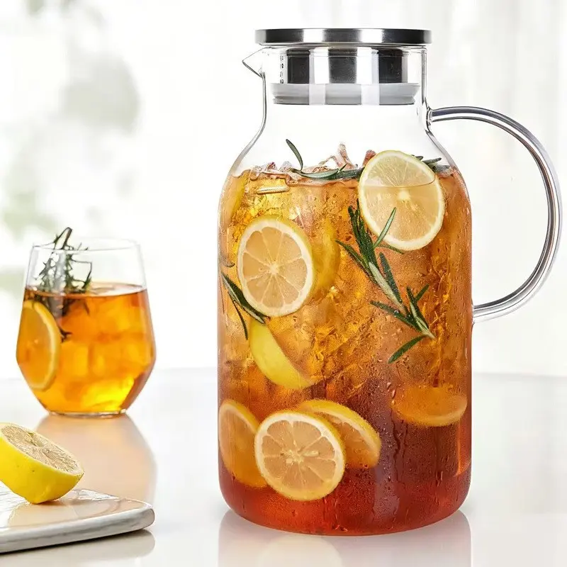 1 Gallon Borosilicate Glass Water Pitcher with Handle, Glass Pitchers, Heat Resistant Glass Jug with Stainless Steel Lid, Multipurpose Cold Water Carafe for Iced Tea, Fruit Drinks, Household Kitchen Drinkware for Hot & Cold Beverages