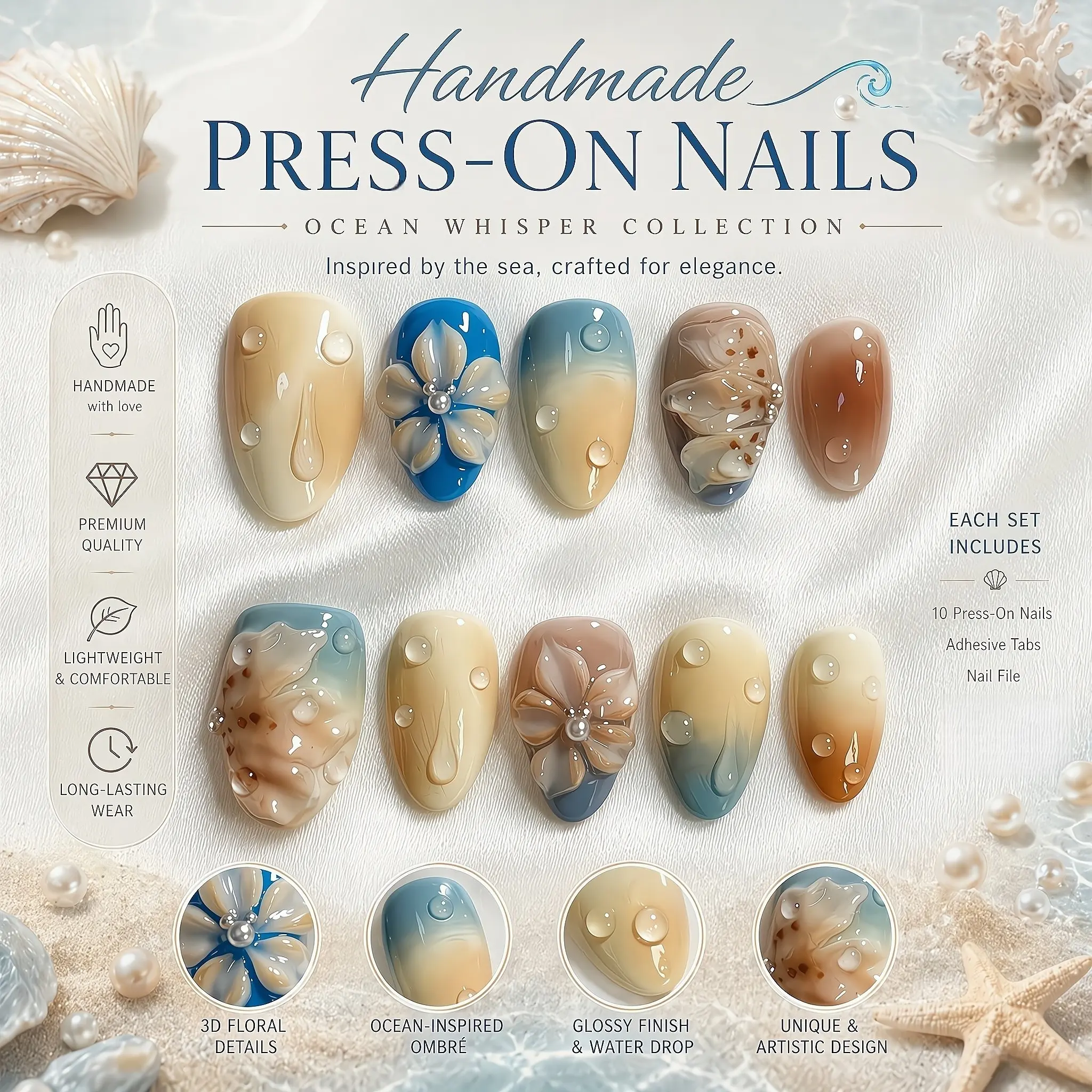 10Pcs Glossy Almond Press On Nails – Cocoa Latte Oatmeal Nude Gradient with 3D Dew Drop Floral & Pearl Accents, Handmade Reusable Gel DIY Fake Nails, Full DIY Tool Kit for Summer Beach Vacation Date Night Office Party, Cute Glazed Summer Nails