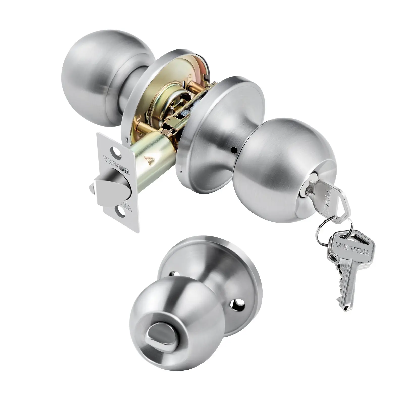 【DealsForYouDays】VEVOR Keyed Entry Door Knob, Satin Nickel Door Knob with Round Ball, Keyed Exterior Thumb Turn Lock Interior, All Metal Doorknobs Hardware with Lock and Keys, Modern Design for Bedroom Bathroom