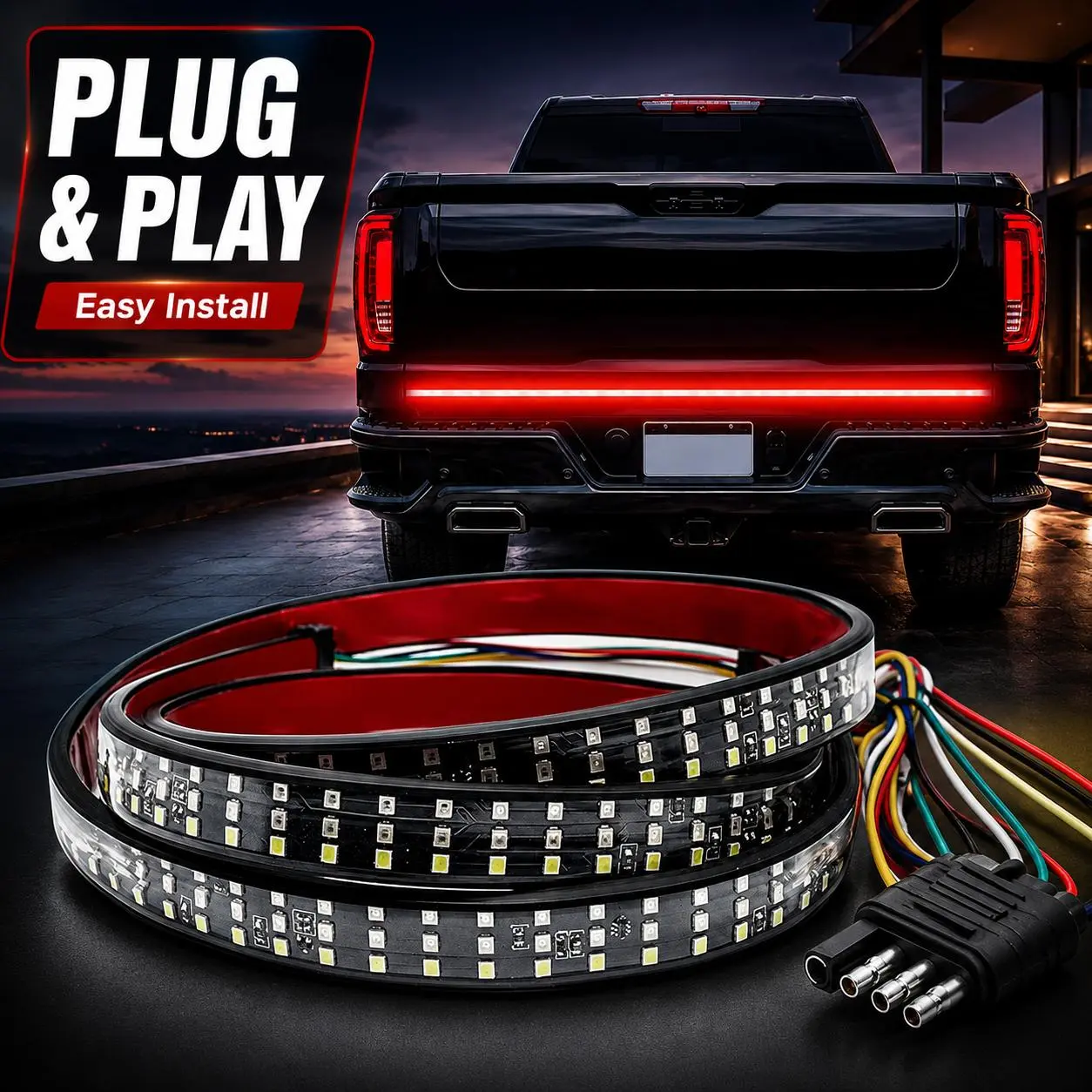 60-Inch Multi-Function LED Tailgate Light Bar, Plug & Play Peel & Stick No-Drill Truck Upgrade with Triple-Row LED Strip, Brake Signals, Reverse & Turn Lights, Waterproof Pickup Accessory for Clean Look