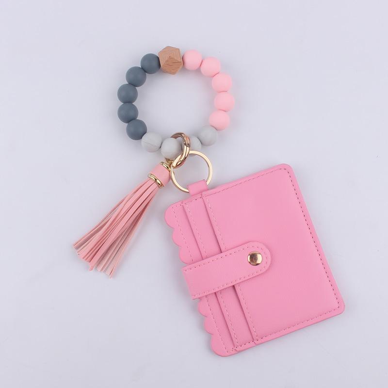 Silicone bead bracelet card holder accessories, silicone bead wristband, PU tassel women's wallet, leather tassel keychain
