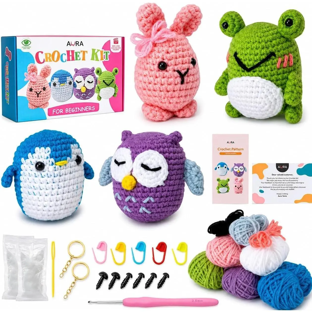 Beginner Crochet Kit for Kids & Adults, Premium Learn to Crochet Set with 4 Animal Patterns, Easy Tube Yarn & Step-by-Step Video Tutorials, Forest Friends Standard Size