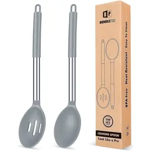 Pack of 2 Large Silicone Cooking Spoons,Non Stick Solid Basting Spoon,Heat-Resistant Kitchen Utensils for Mixing,Serving,Draining,Stirring (GREY)