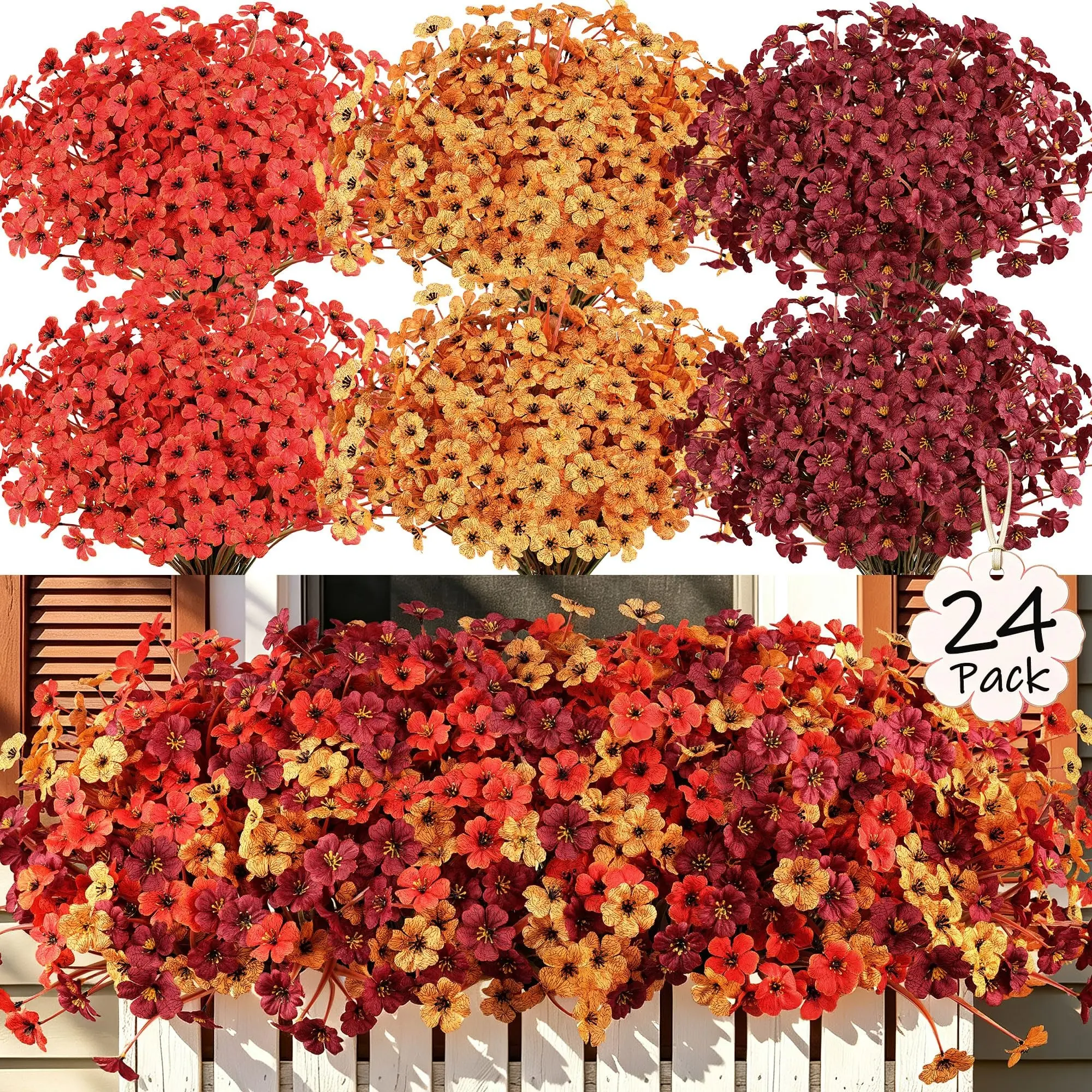 24 Bundles Fall Artificial Flowers, Faux Mums Plants, UV Resistant Silk Flora, Realistic Greenery for Outdoor Decor, Farmhouse Porch Patio