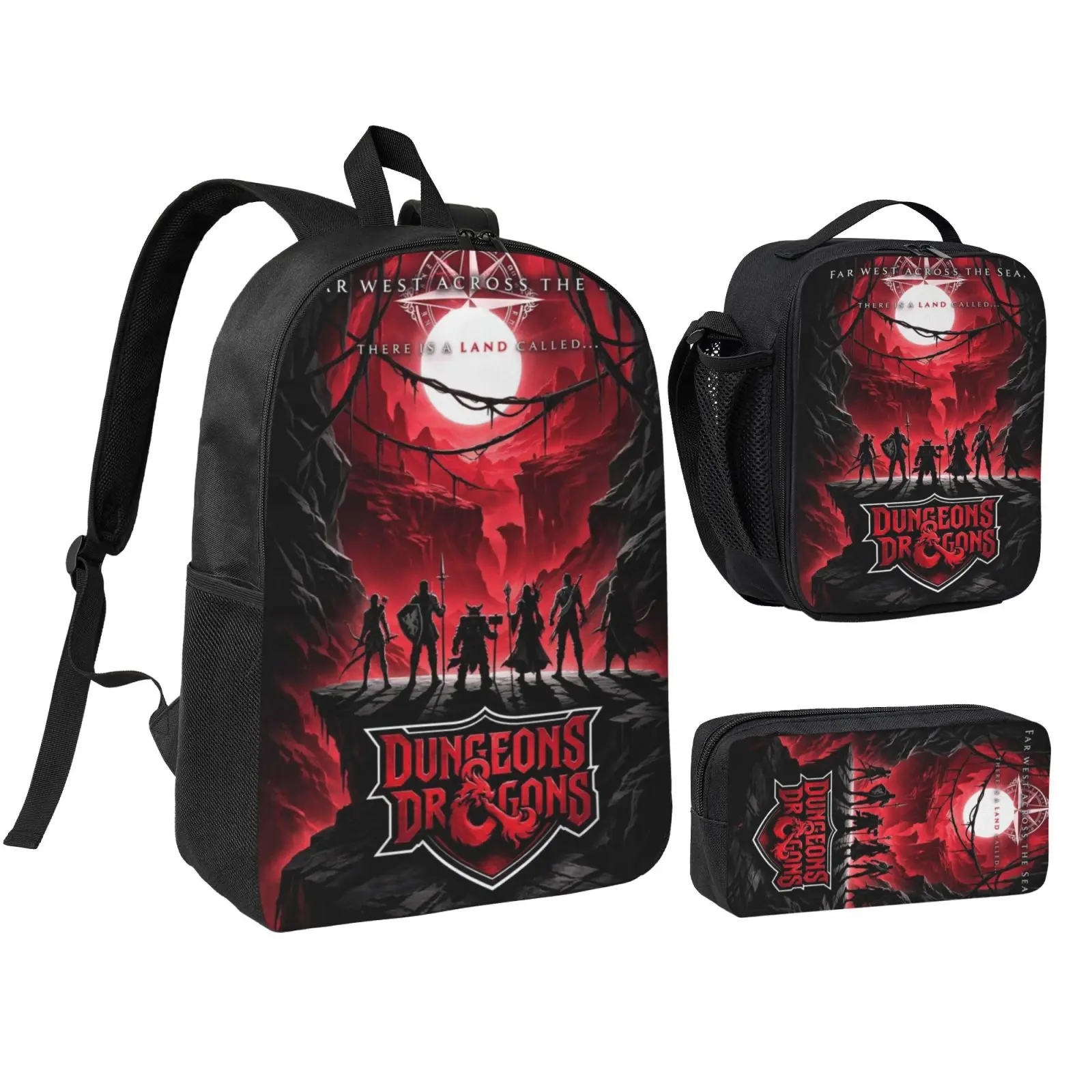 Anime Dnd backpack with lunch bag pencil box for Teen Girls Boys, 3pcs kids school bag with adjustable straps, office travel bag Bookbag lunchbox