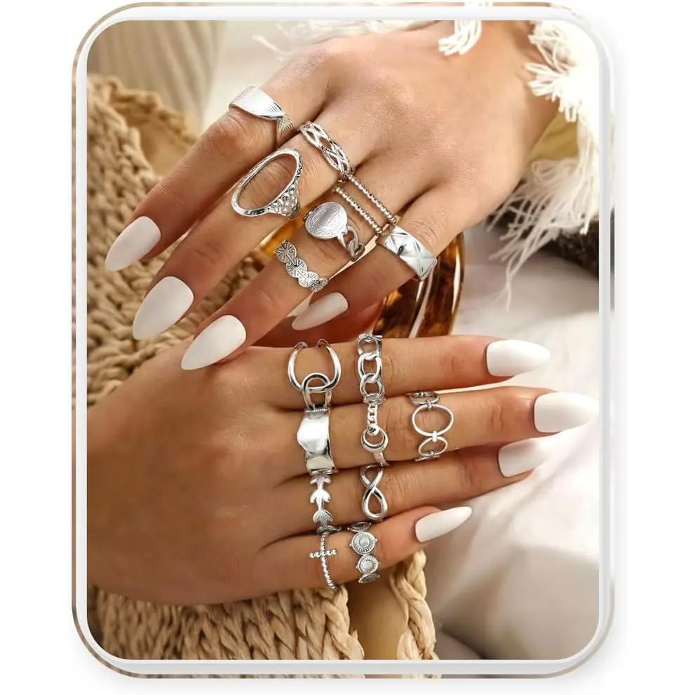 16 count Stackable Stainless Steel Rings for Women Chunky  Rings Non Tarnish Ring Open Adjustable Thumb Finger Statement Ring Set