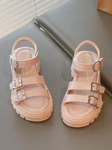 Girls' Nude Color Multi-Strap Sandals with Rhinestone Buckle, Thick Sole Anti-Slip Comfortable Versatile Trendy Sweet Style