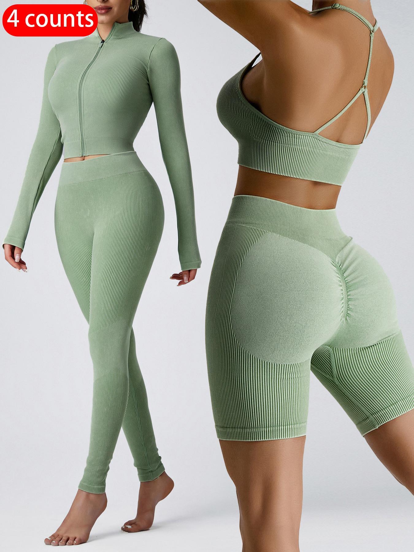 Women's Plain Tracksuit Set, Sports Zip Up Crop Jacket & High Waist Leggings, Ladies Spring & Fall Clothes, Gym Wear, Yoga Suit Outdoor