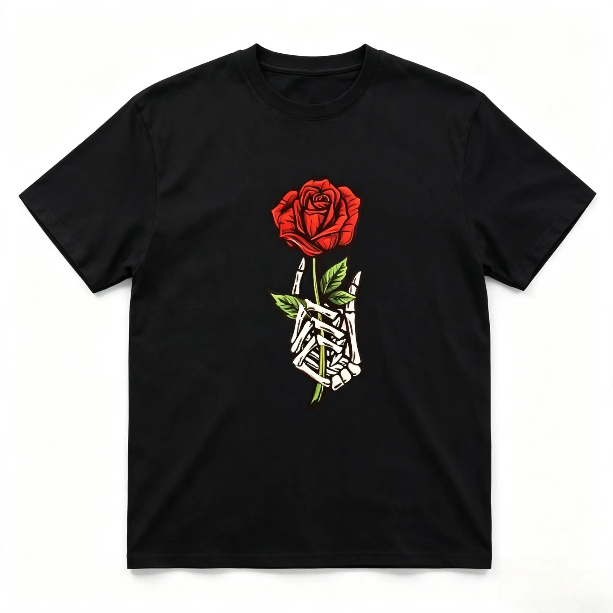 Skeleton Hand Holding Red Rose Graphic Cotton T-Shirt, Oversized Comfort Fashion Outfit, Gothic Floral Casual Top, Perfect Valentine’s Day Holiday Gift for Lovers, Family, Friends for Him Her