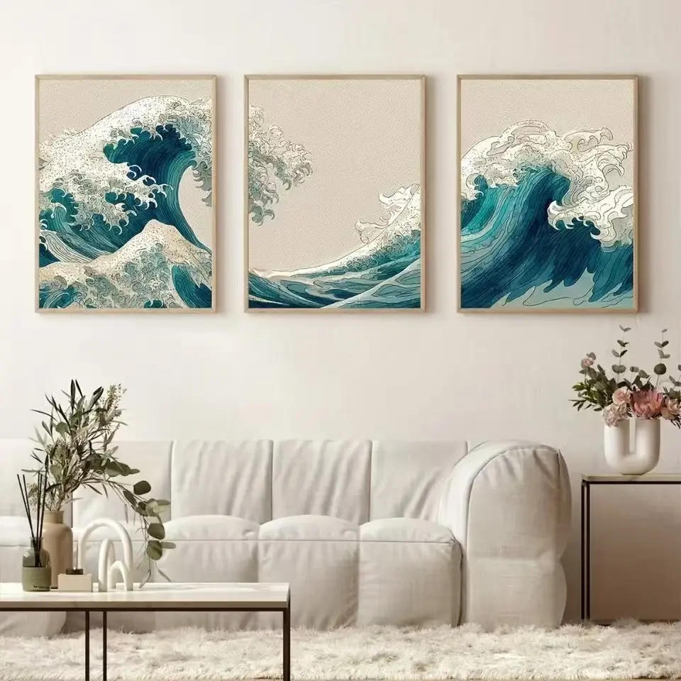 3pcs Frameless Japanese Serenity Wave Hanging Painting Abstract Coastal Landscape Poster Canvas Mural Blue Navigation Decoration Painting Zen Beach Living Room Oil Painting