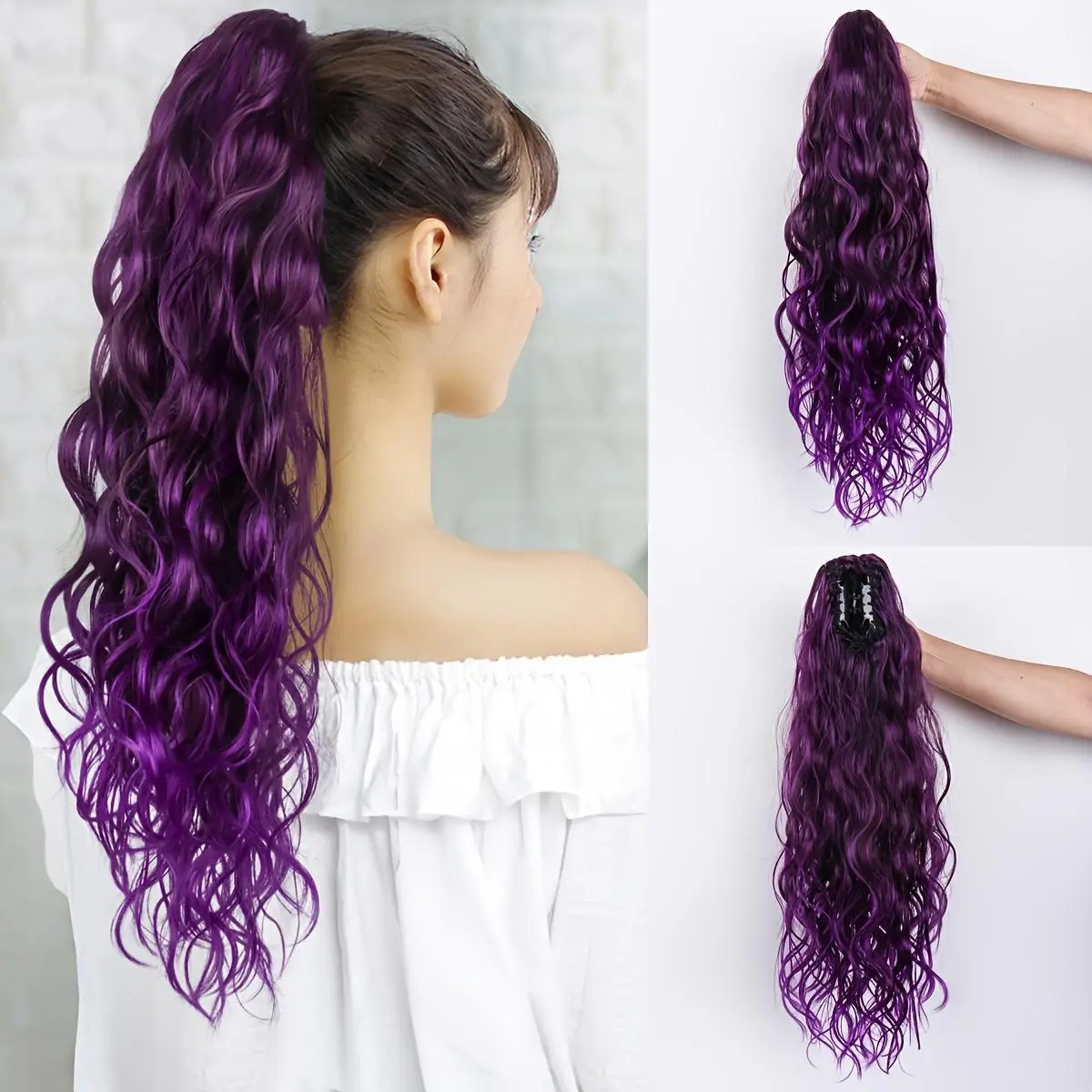 Clip-In Hair Extensions Synthetic Heat Resistant Wig Long Wave 24 Inch Purple Easy Women Hair Extensions Ponytail High Quality Full Machine Made Ponytail Wig
