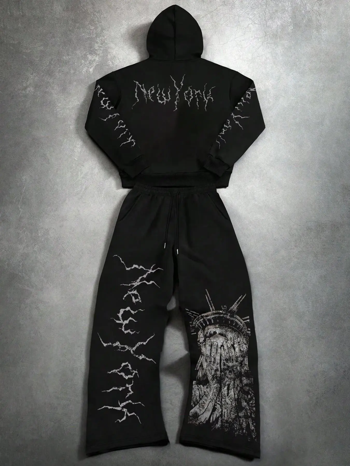 Y2K Alt Gothic Streetwear Matching Hoodie Sweatpants Set Retro Faded Full Back Statue Liberty Graphic Pullover Hooded Top, Long Sleeve, Elastic Waist Drawstring Sweat Pant Outfit For Hip Hop Nightclub Daily Travel Street Trendy Tracksuit