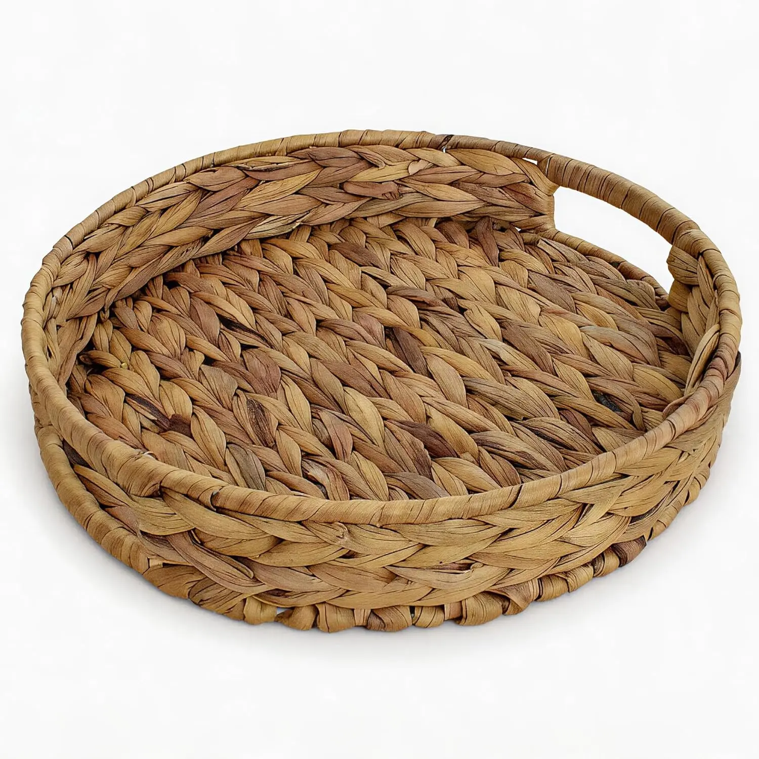 Round Water Hyacinth Serving Tray with Handles, 11.8" Handwoven Decorative Coffee Table Tray, Natural Woven Organizer Tray for Ottoman, Desk, Candle Display, Kitchen & Home Décor