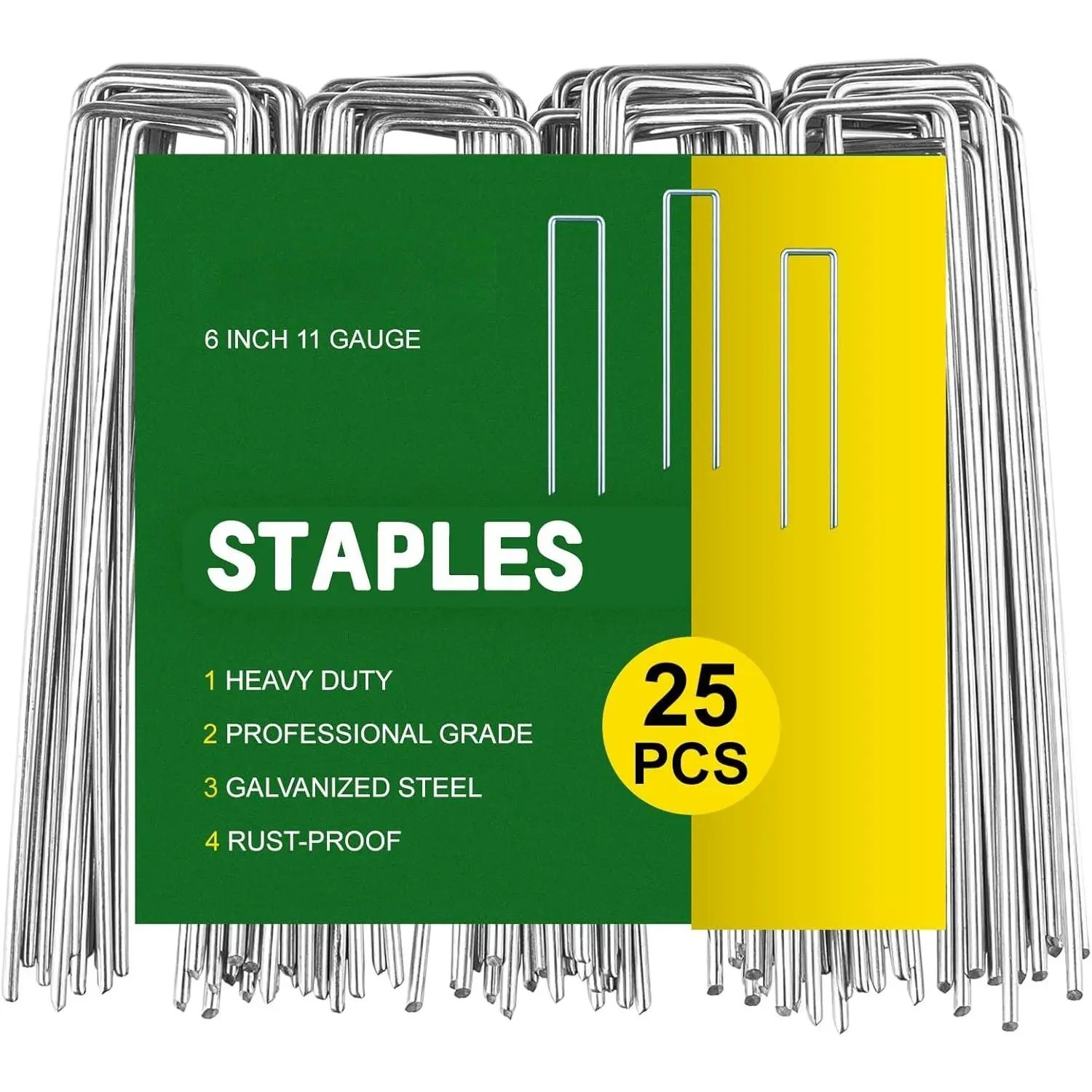 6 Inch Garden , 11 Gauge Galvanized Steel, 25 Pack | Heavy-Duty Landscape Stakes, Adjustable Width, For Weed Barrier Sod Fencing and Outdoor Decorations