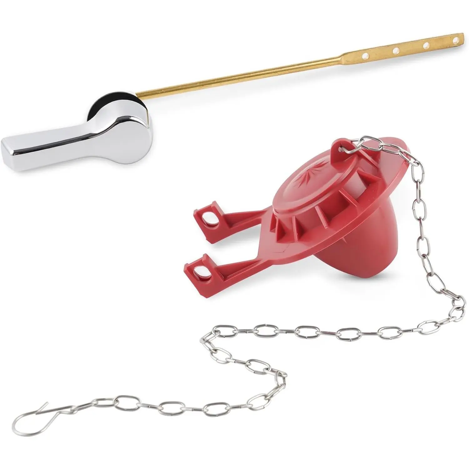 Universal Front Mount Toilet Handle Replacement Kit with 2-inch Universal Toilet Flapper, Stainless Steel Flapper Chains, Chrome Finish Toilet Trip Lever and Red Toilet Flapper Replacement Kit