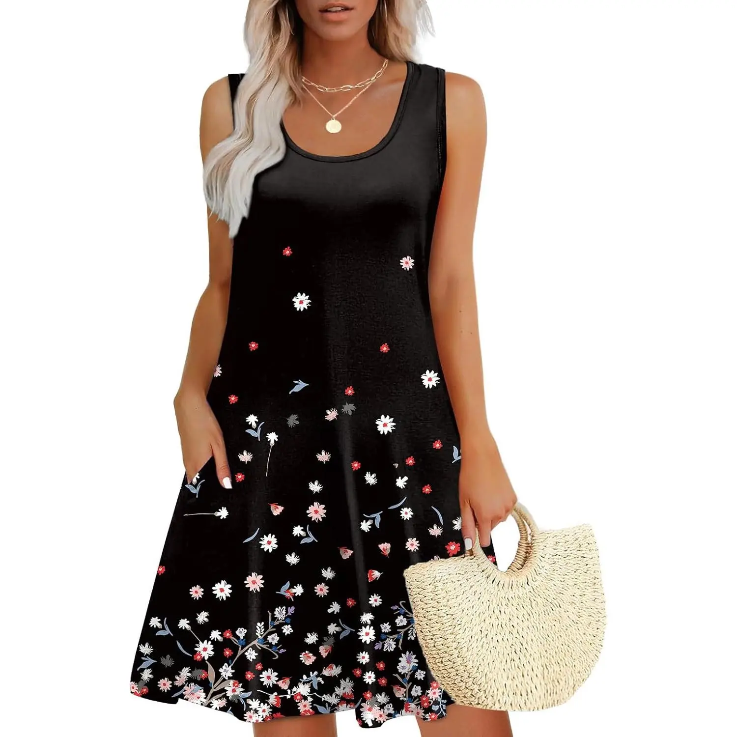 Womens Summer Dresses Loose U Neck Sleeveless Sundresses Dress with Pockets