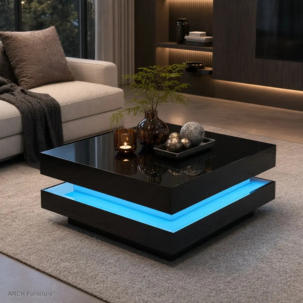Carbon Black High-Gloss Minimalist Arch 2-Tier Square LED Coffee Table - Particle Board, 60 lbs, Color LED, Plastic Legs, 31.5"L x 31.5"W x 14.2"H, Geometric Living Room Center Table for Ambient Atmosphere