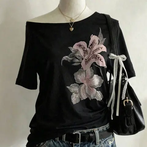 Women's Short Sleeve Asymmetric Retro Vintage Floral Lily Print Top Sexy Slim-Fitting Summer T-Shirt, Casual Outdoor Fashion Asymmetrical
