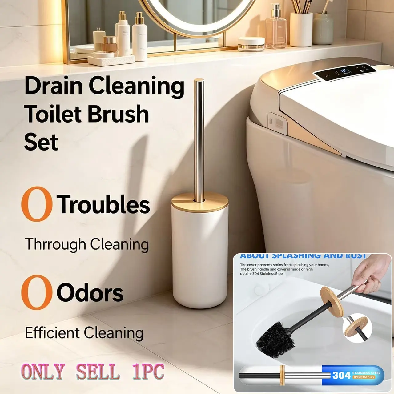 and Toilet Brush Set, Modern Style, Plastic and Wood Material, Dense Bristles, Wooden Lid, Daily Home Cleaning