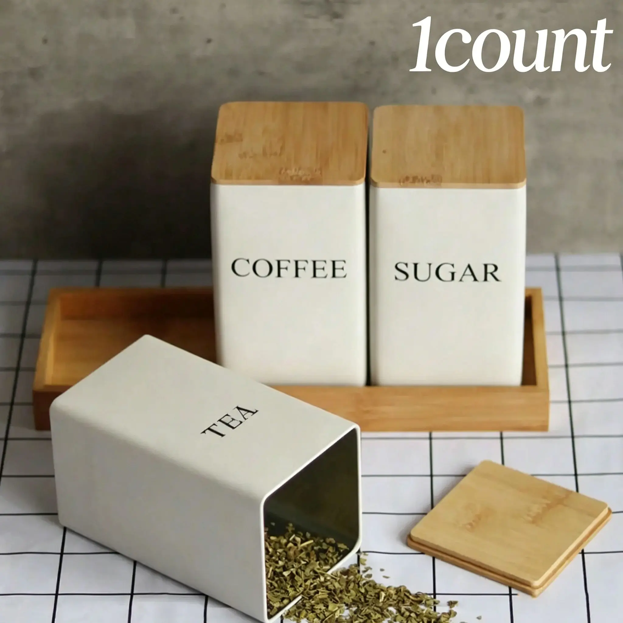 1pc Letter Printed Square Metal Canister Set with Wooden Lid & Matching Base Tray, Labeled Storage Container for Coffee Beans, Tea Leaves & Snack Treats, Countertop Organizer for Kitchen, Living Room & Office Beverage Station Arrangement