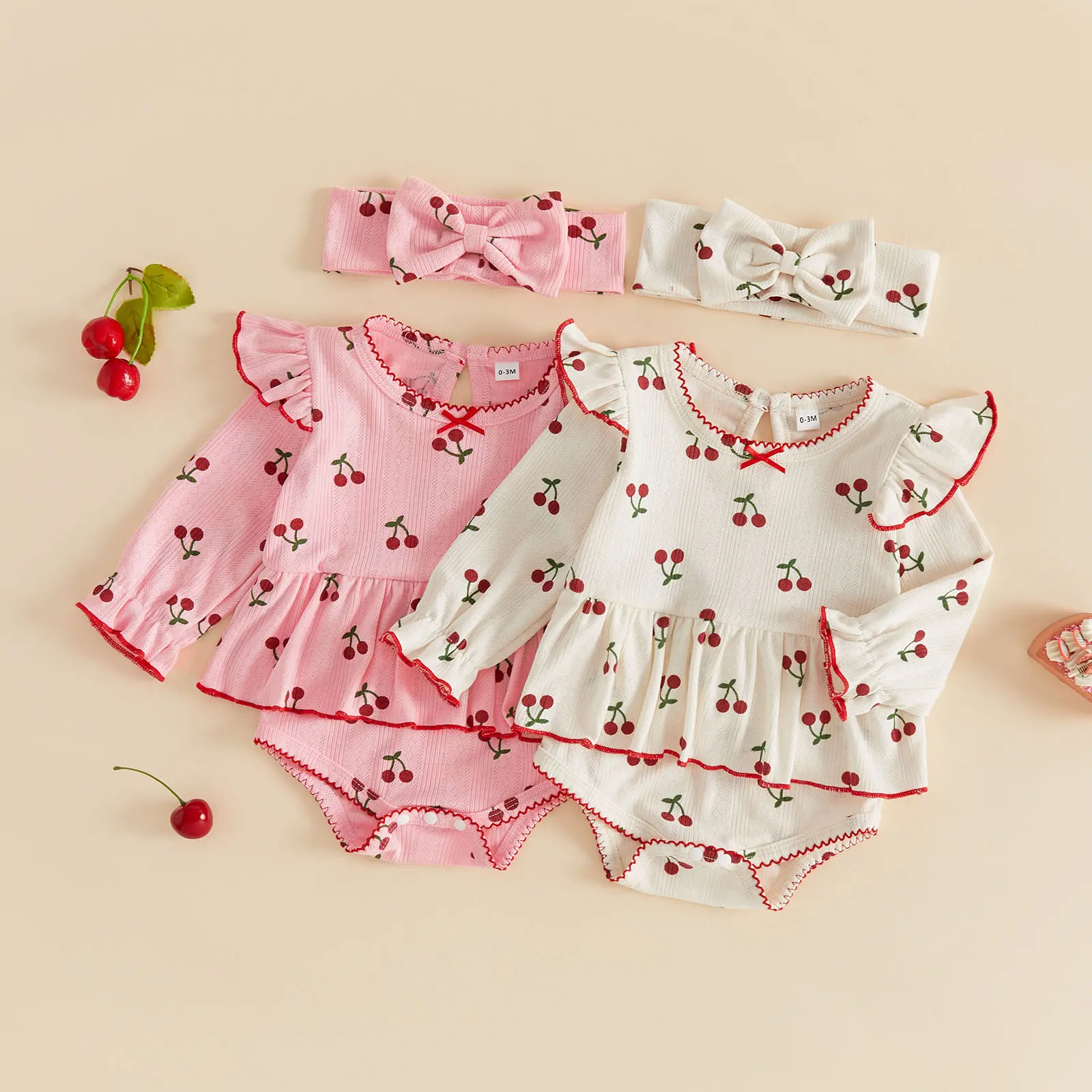 Infant Baby Girl Outfit Puff Long Sleeve Cherry Print Romper Dress and Bow Headband Set Fall Winter 0-18 Months