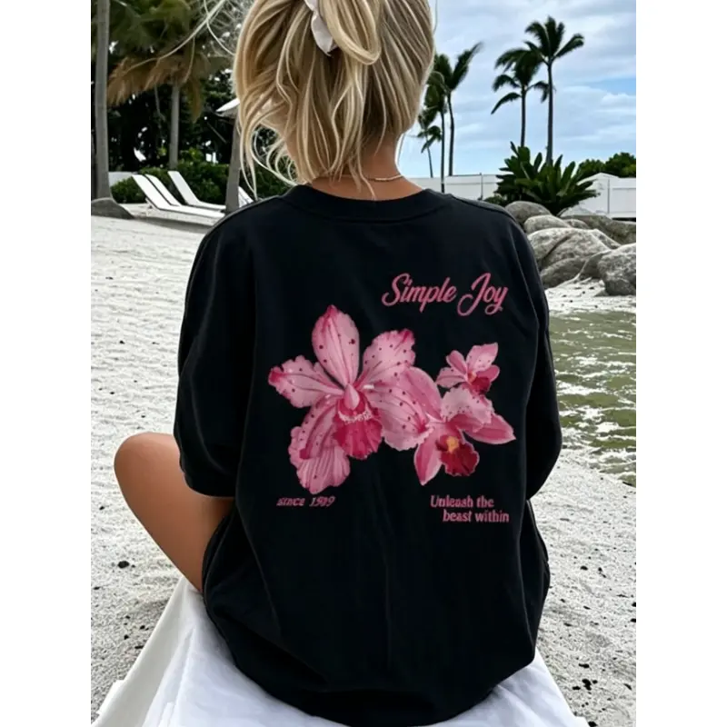 Women's Oversized Retro American Floral Print T-Shirt - Hibiscus Flower, Figure Pattern, Imperfect Slogan, Crew Neck, Fade-Proof Pink Orchid Graphic Tee, Loose Fit Machine Wash Summer Casual Beach Top, Premium Cotton, Aesthetic, Streetwear, Denim, Tshirt,
