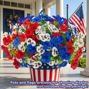 60 Pcs 4th of July Artificial Flowers Artificial Floral Ornaments 14 Inch Red Blue White Patriotic Pansy Flowers Picks 250th Anniversary Decoration Independence Day Fake Faux Silk Pansy for Outdoor Memorial Home Decor