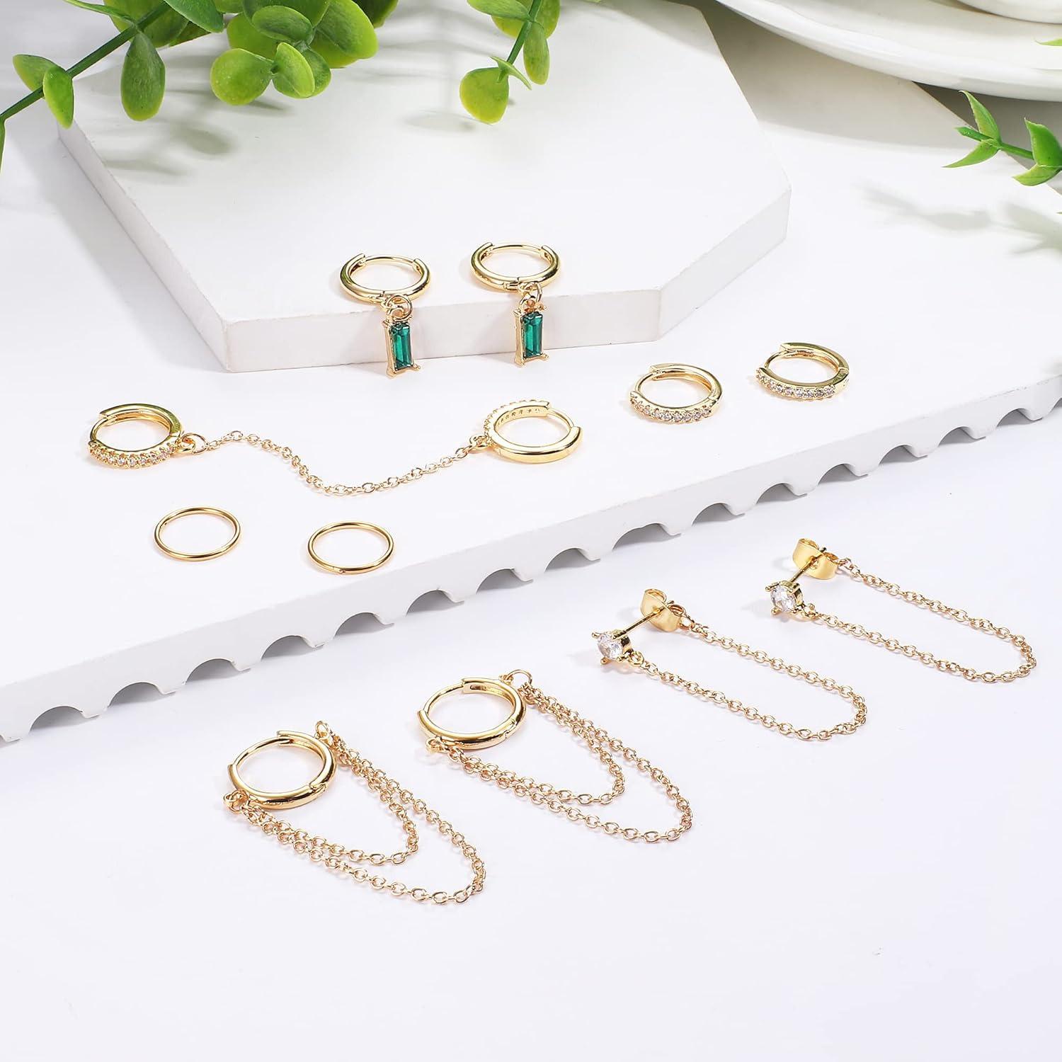 ZELORES 29Pcs 14K Gold Plated Earrings Set for Women Moon Heart Butterfly CZ Bead Huggie Hoops Studs for Multiple Piercings