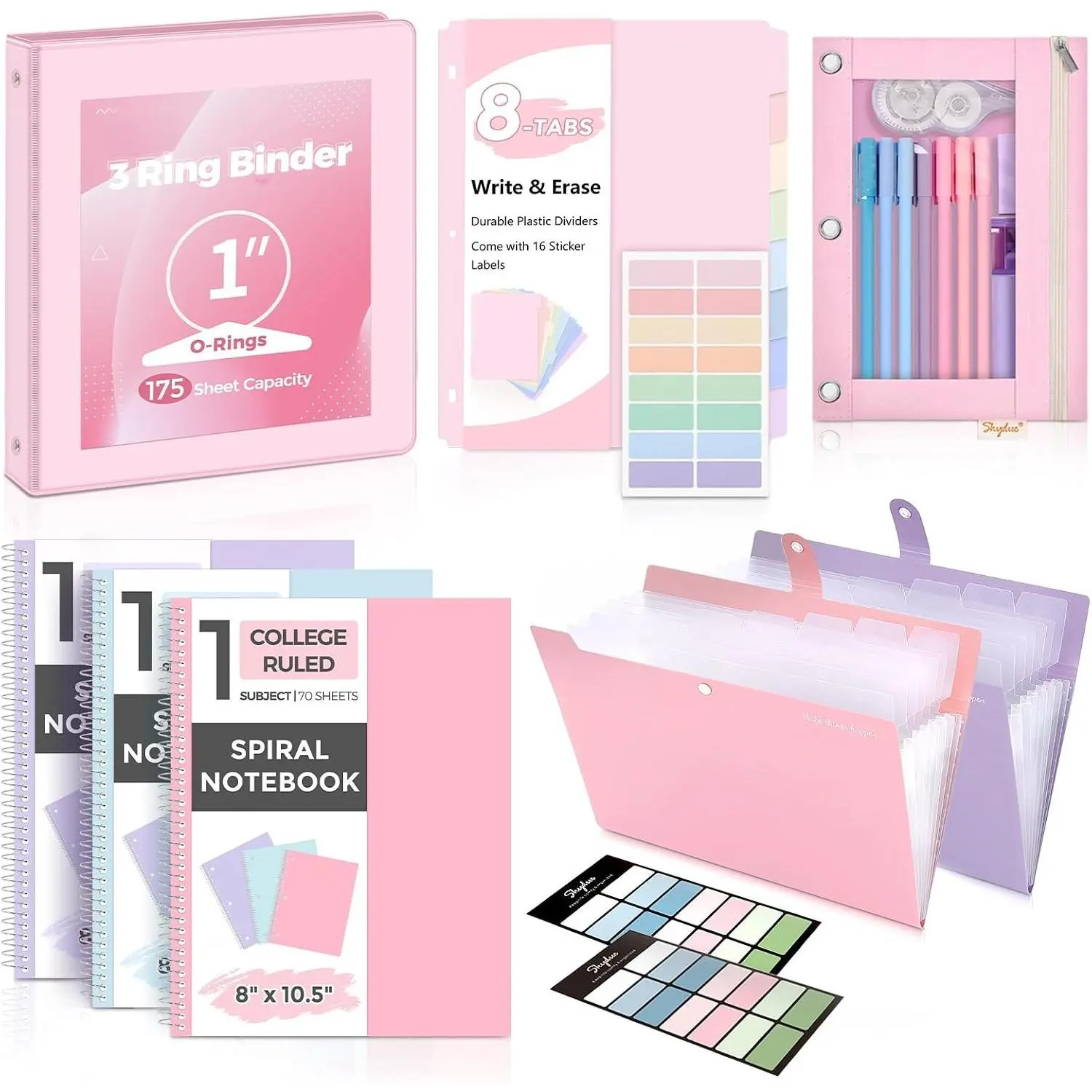 Back to School Haul Durable Multi-Compartment School Supply Set - Includes Binder (1" 3-Ring), 2 Expanding Folders, 3 Spiral Notebooks, 8 Tab Dividers, Pencil Pouch - Cute Stationery for College Essentials