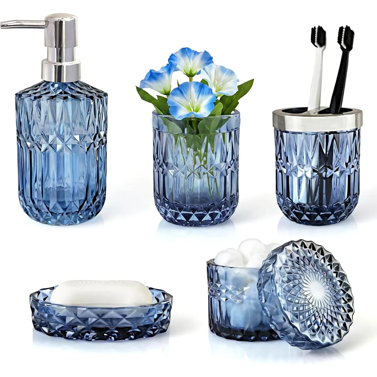 5-Pcs Blue Clear Glass Bathroom Accessories Set - Hand Soap Dispenser, Soap Dish, Toothbrush Holder, Qtips Holder for Crystal Vintage Bath Countertop Decor & Gifting
