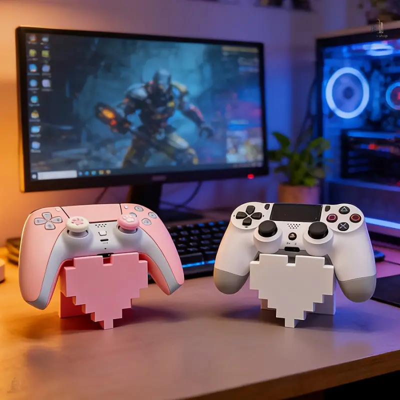 1Pc Retro Heart Shape Game Controller Display Stand, Pink & White Pixel Art Holder for PS5/PS4, Anti-Slip Base Desktop Decor, Game Accessory (Stand Only)