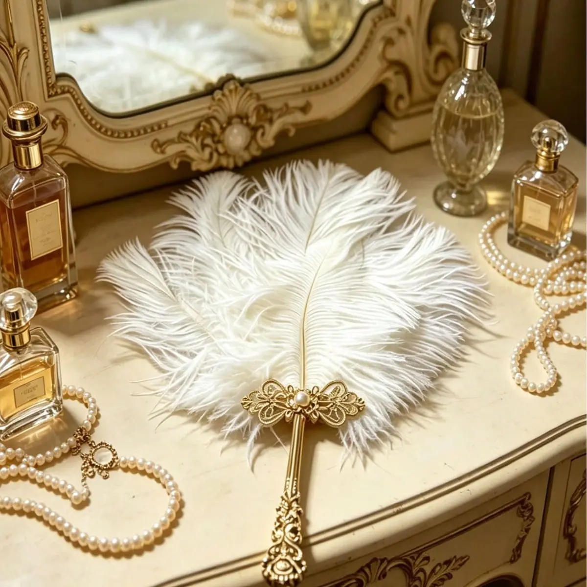 Vintage Court Style Luxury Feather Fan, Engraved Diamond and Pearl Handle, Hanfu Qipao Photography Prop, Elegant Decorative Party Hand Fan