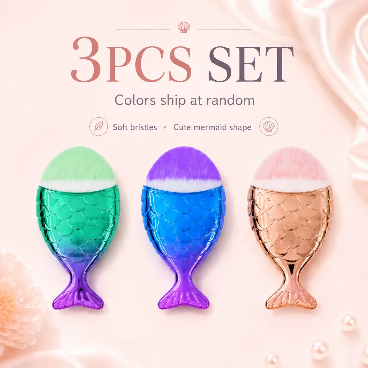 3 Pcs Mermaid Fish Makeup Brushes Set, Soft Fluffy Bristles, Foundation Blush Powder Brushes, Cute Fish Shape Face Makeup Tools