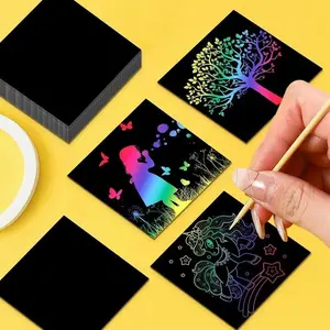 100 Sheets Rainbow DIY Scratch Art Paper with 2 Bamboo Pencils, Creative Party Gifts, Travel Crafts, Vibrant Rainbow Design